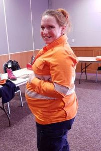 womens workwear, maternity hi vis workwear, ladies maternity orange workshirt and navy maternity cargos