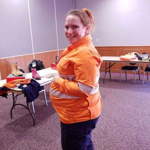 womens workwear, maternity hi vis workwear, ladies maternity orange workshirt and navy maternity cargos
