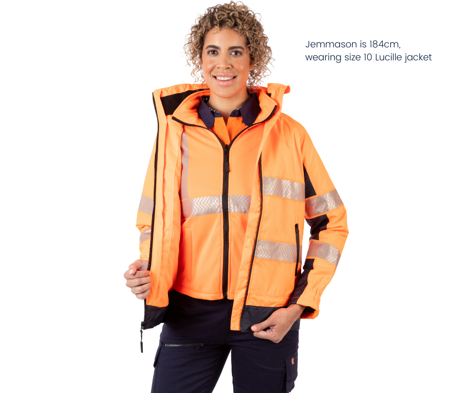 winter outer wear, waterproof, rain jacket, hi vis safety vest, fleece lining, orange hi vis jacket, outdoor workwear, women's winter workwear, 4-in-1 orange navy hi vis jacket, high visibility, women's construction workwear, ladies tradie workwear, hi vis work jacket, hi vis vest