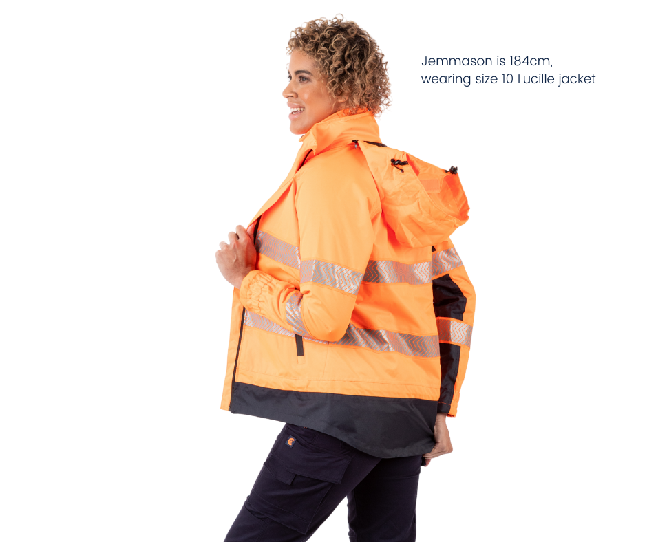 winter outer wear, waterproof, rain jacket, hi vis safety vest, fleece lining, orange hi vis jacket, outdoor workwear, women's winter workwear, 4-in-1 orange navy hi vis jacket, high visibility, women's construction workwear, ladies tradie workwear, hi vis work jacket, hi vis vest